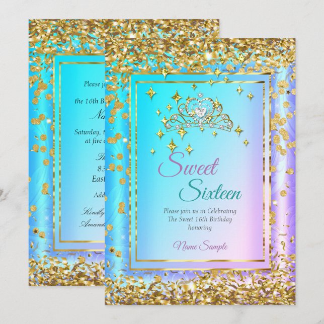 Princess Sweet 16 Gold Teal Purple Party Invitation (Front/Back)