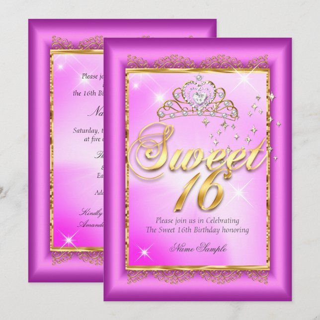 Princess Sweet 16  Hot Pink Magenta Gold Party Invitation (Front/Back)