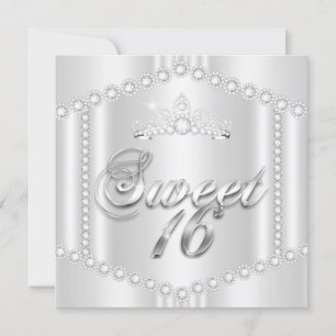 Princess Sweet 16 Party Silver White Diamond Trim Invitation