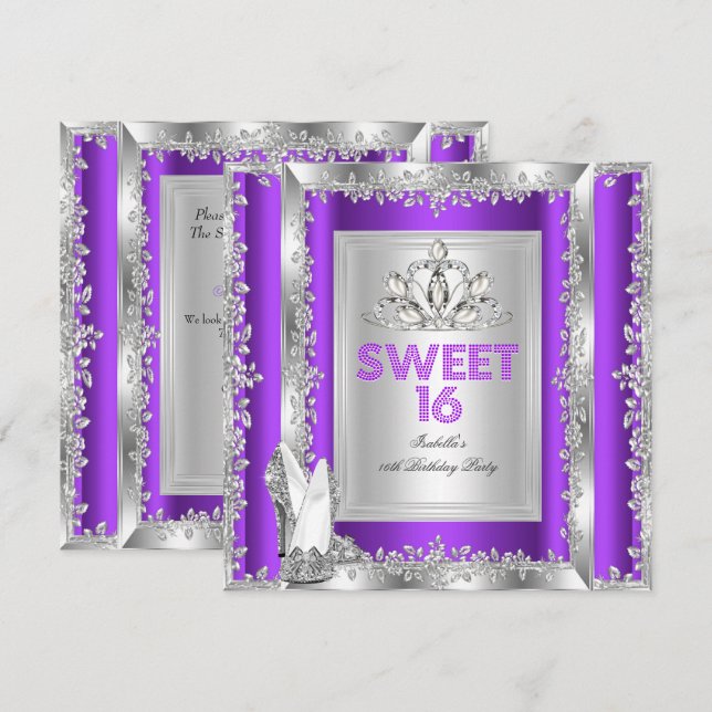 Princess Sweet 16 Purple Silver Shoes Invitation (Front/Back)