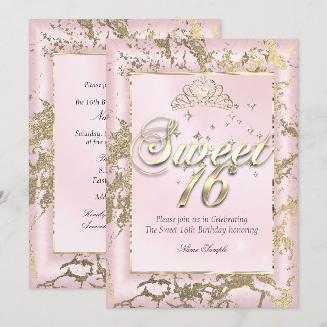 Princess Sweet 16 sepia Gold Blush Pink Party Invitation (Front/Back)