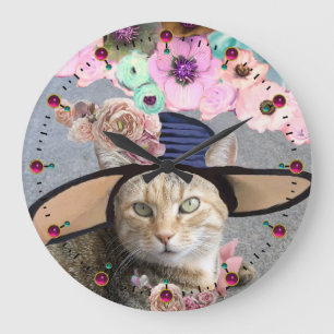 PRINCESS TATUS /ELEGANT CAT,BIG DIVA HAT AND ROSES LARGE CLOCK
