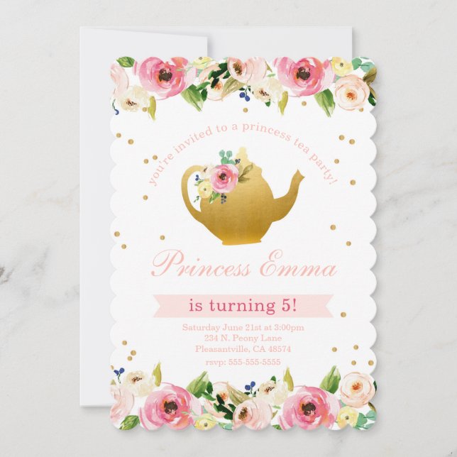 Princess Tea Party Birthday Floral Glitter Invitation (Front)