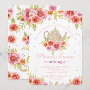 Princess Tea Party Birthday Floral Glitter Invitation