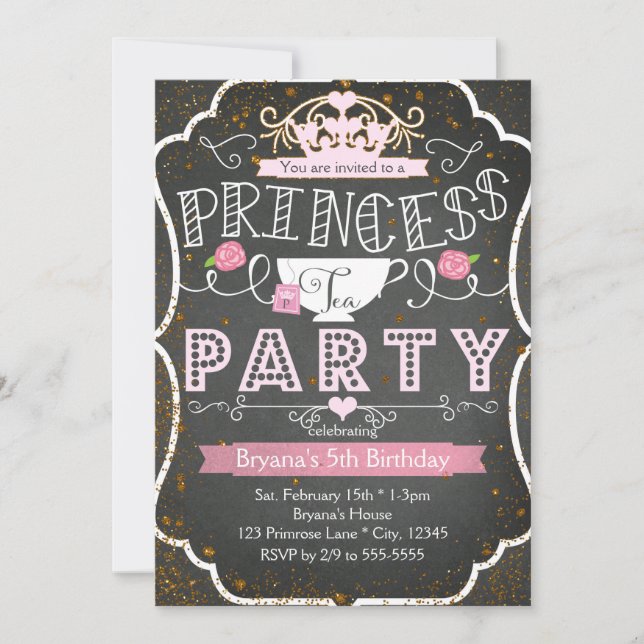 PRINCESS TEA PARTY Birthday Glitter Invitations (Front)