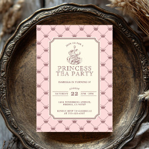Princess Tea Party Elegant Pink Crown Pattern Invitation