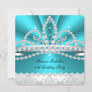 Princess Teal Blue Diamond Tiara Birthday Party 2 Invitation