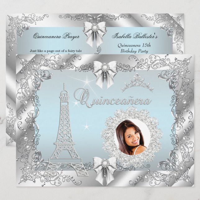 Princess Teal Blue Quinceanera Silver Photo BIG Invitation (Front/Back)