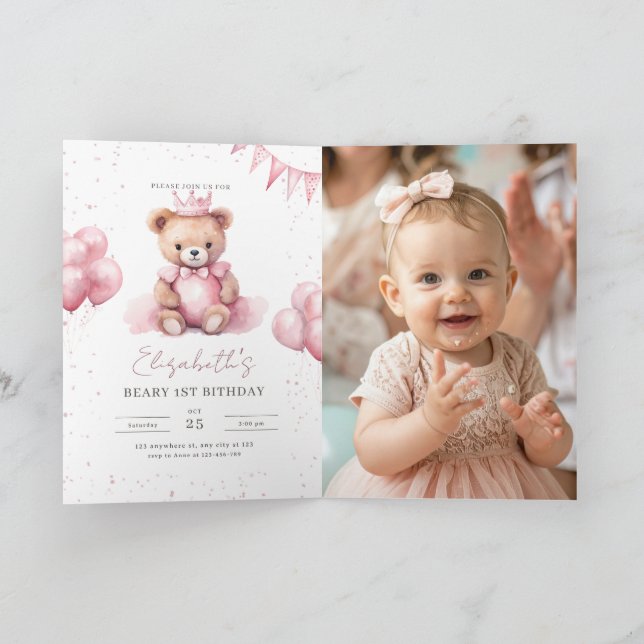 Princess Teddy Bear Beary 1st Birthday Pink Girls Invitation (Inside)