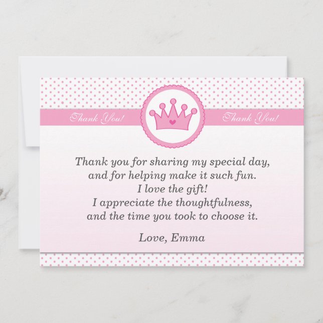 Princess Thank You Card Pink Polka Dot Girl (Front)