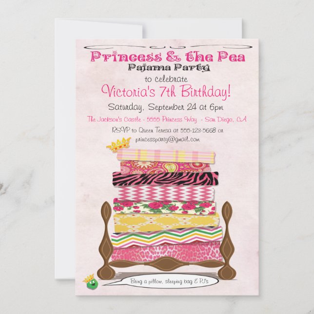 Princess & the Pea Pajama Birthday Party Invitation (Front)