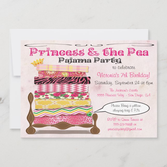 Princess & the Pea Pajama Birthday Party Invitation (Front)