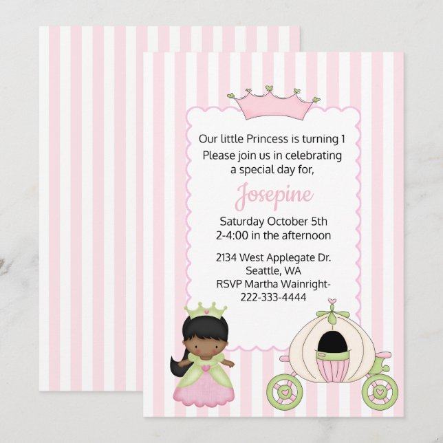 Princess Themed Baby Girl First Birthday Invitation (Front/Back)