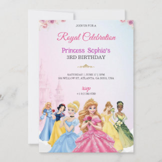 Princess-themed birthday invitation in pink colour