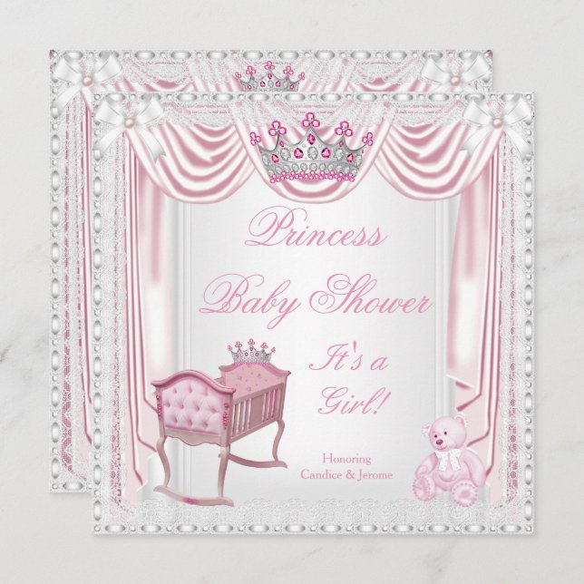 Princess Tiara Baby Shower Pink Cradle Satin Lace Invitation (Front/Back)
