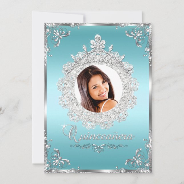 Princess Tiara Blue Silver Sparkle Quinceanera Invitation (Front)