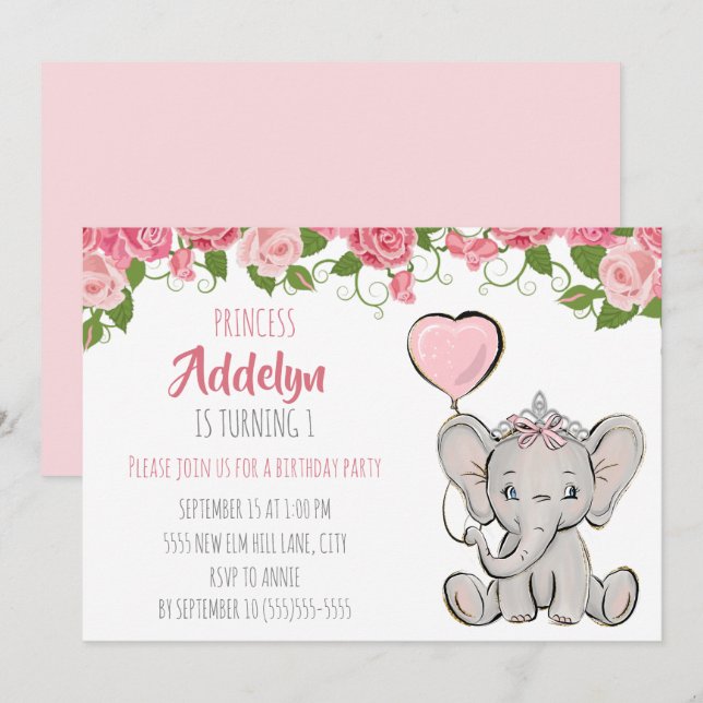 Princess Tiara Elephant Pink Floral 1st Birthday Invitation (Front/Back)