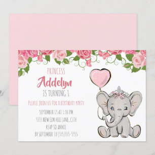 Princess Tiara Elephant Pink Floral 1st Birthday Invitation