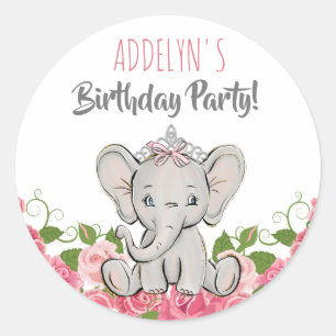 Princess Tiara Elephant Pink Flowers Birthday Classic Round Sticker