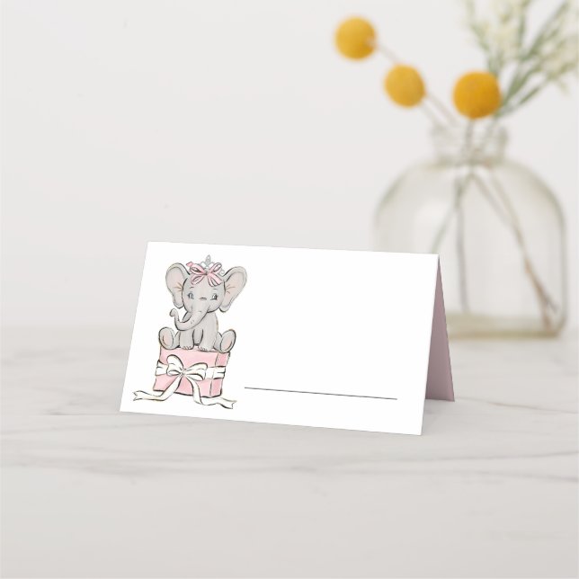 Princess Tiara Elephant Pink Girl's Birthday Place Card (Front)