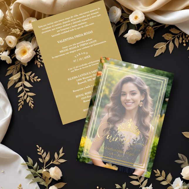 Princess Tiara Exquisite Overlay Vellum Effect XV (Princess Tiara Exquisite Overlay Vellum Effect Quinceañera Sophisticated Photo Gold Metallic Card.)