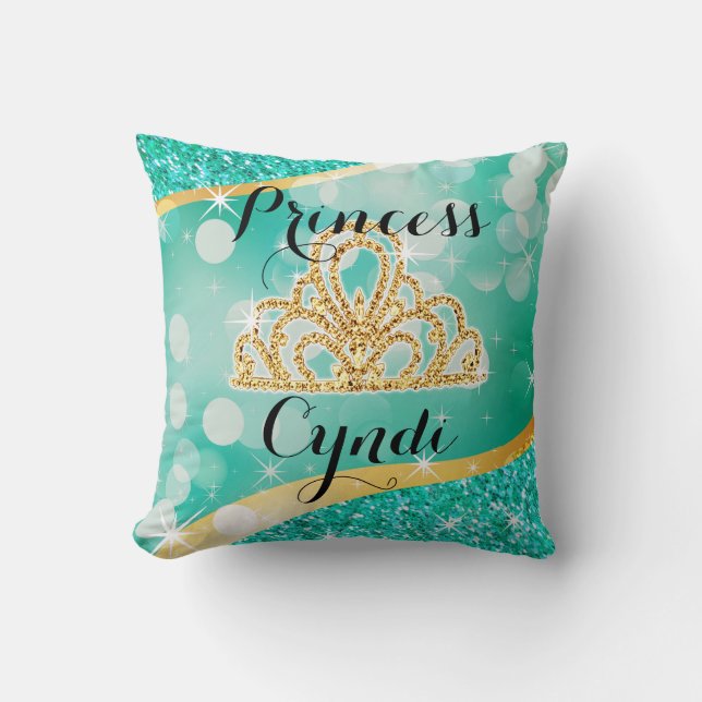 Princess Tiara Glitter Bling Bokeh | aqua Cushion (Front)