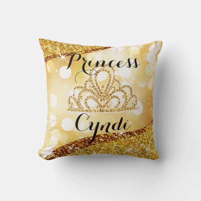 Princess Tiara Glitter Bling Bokeh | gold Cushion (Front)