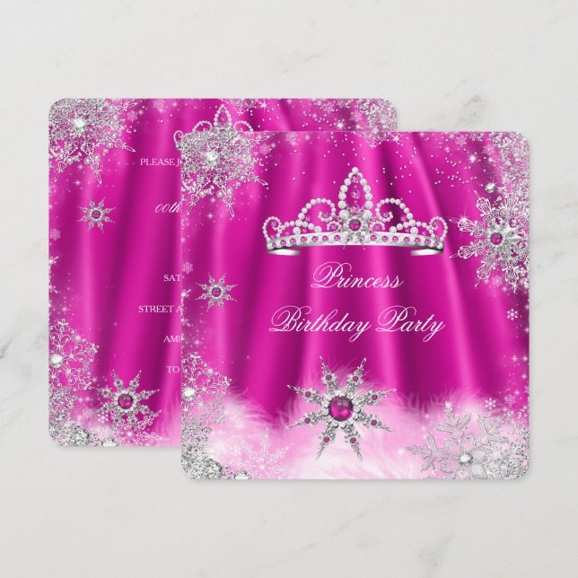 Princess Tiara Hot Pink Snowflake Birthday Party Invitation (Front/Back)