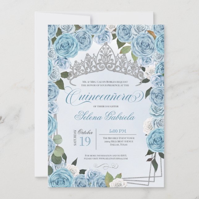 Princess Tiara Light Blue & White Rose Quinceanera Invitation (Front)