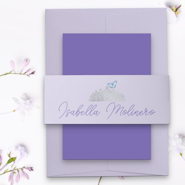 Princess Tiara Light Purple and Silver Invitation Belly Band (Light purple belly band with dark purple handwritten script)