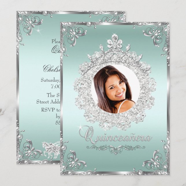 Princess Tiara Mint Silver Sparkle Quinceanera Invitation (Front/Back)