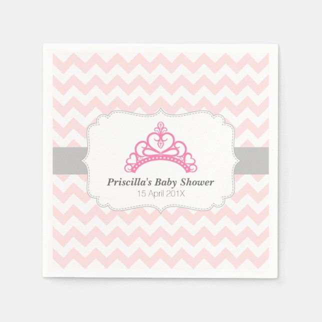 Princess Tiara, Pink Chevron, Baby Girl Shower Napkin (Front)
