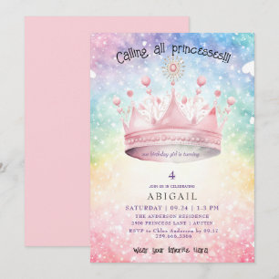 Princess Tiara Pink Colourful Girl Birthday Party  Invitation