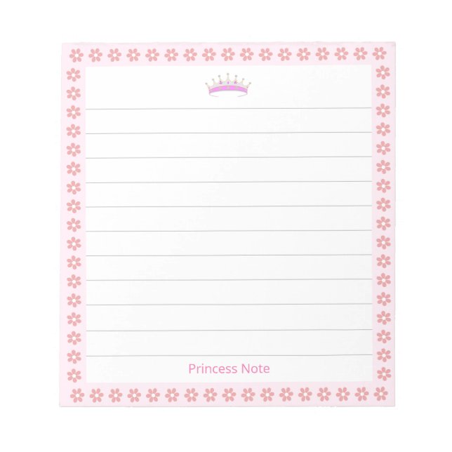 Princess Tiara & Pink Flowers on Lined Notepad (Front)