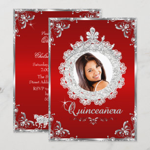 Princess Tiara Red Silver Sparkle Quinceanera Invitation