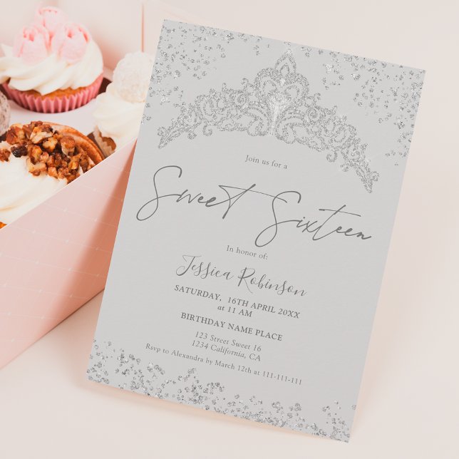 Princess tiara silver glitter gray photo Sweet 16 Invitation (Creator Uploaded)