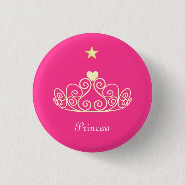 Princess tiara, star & calligraphy on pink 3 cm round badge (Front)
