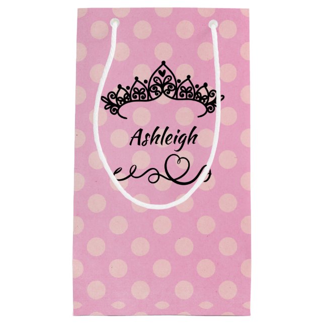 Princess Tiaras and Hearts on Pink Wrapping Paper Small Gift Bag (Front)
