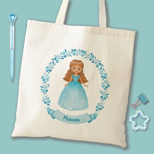 Princess Tote Bag (A cute blue girls Princess tote bag. Personalize it with your girls name for a special gift.)