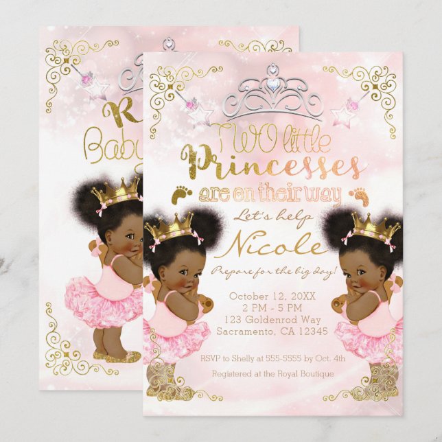 Princess Tutu Crown Ethnic Twin Girls Baby Shower Invitation (Front/Back)
