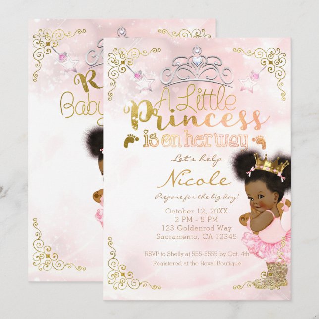 Princess Tutu & Gold Crown Ethnic Baby Girl Shower Invitation (Front/Back)