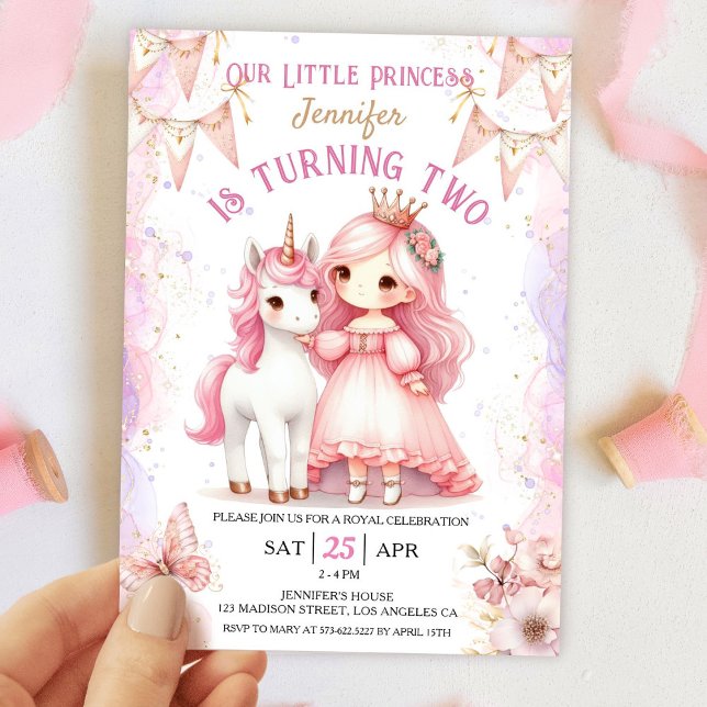 Princess Unicorn 2nd Birthday Girl Pink  Invitation (Creator Uploaded)