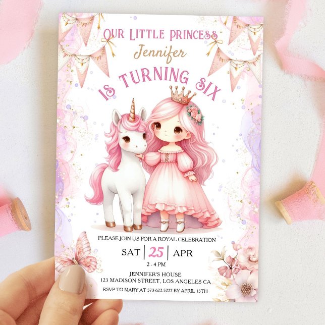 Princess Unicorn 6th Birthday Girl Pink Invitation (Creator Uploaded)