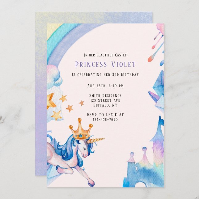 Princess Unicorn Castle 00th Birthday Party  Invitation (Front/Back)