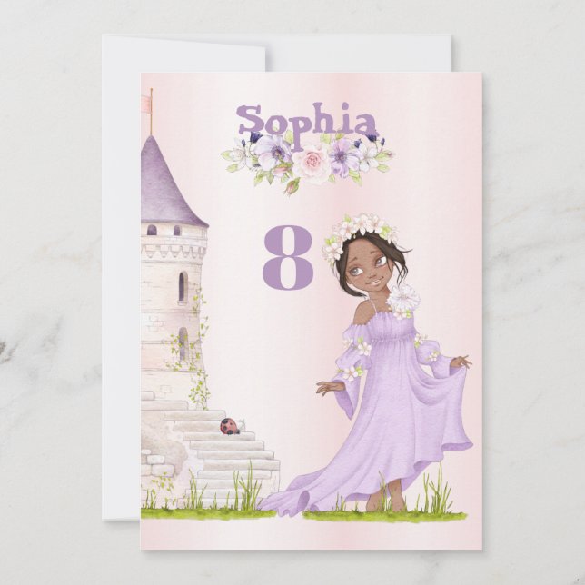 Princess Unicorn Dark Hair Purple Age Birthday  Invitation (Back)