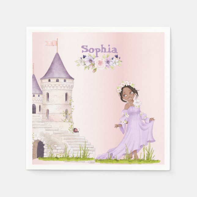 Princess Unicorn Dark Hair Purple Cute Birthday Napkin (Front)