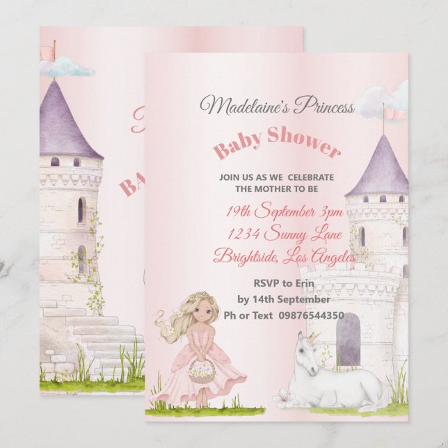 Princess Unicorn Pink Baby Girl Shower Invitation (Front/Back)