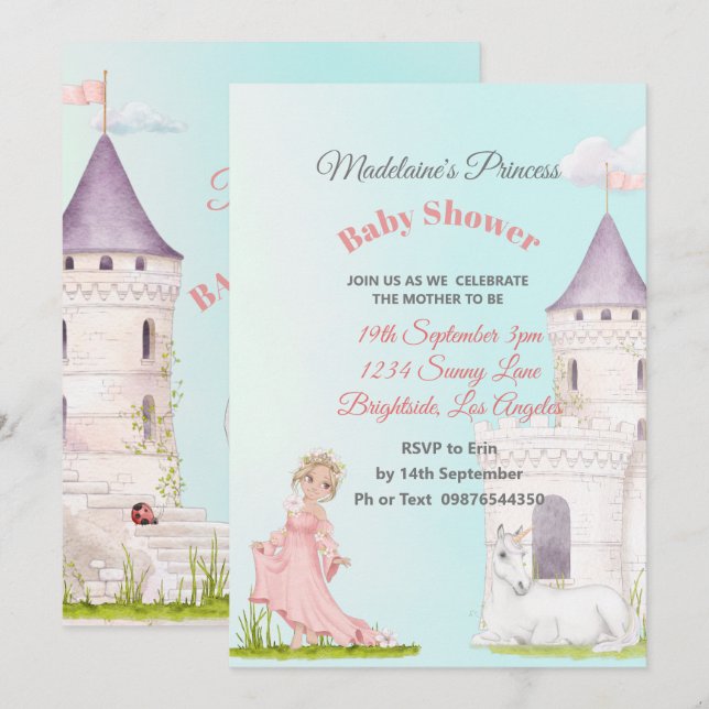 Princess Unicorn Pink Blue Baby Girl Shower   Invi Invitation (Front/Back)