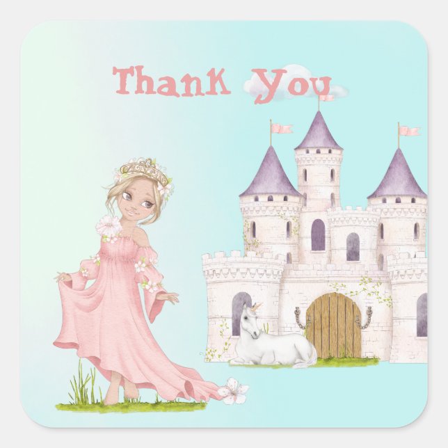 Princess Unicorn Pink Blue Castle Thank You  Square Sticker (Front)