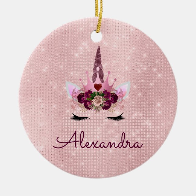 Princess Unicorn Rose Gold - Blush Pink Ceramic Tree Decoration (Front)